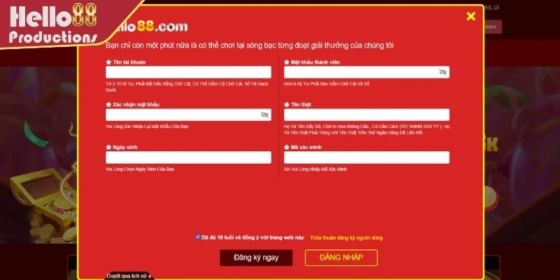 Điền thông tin vào Form đăng ký Hello88 từ hệ thống đưa ra
