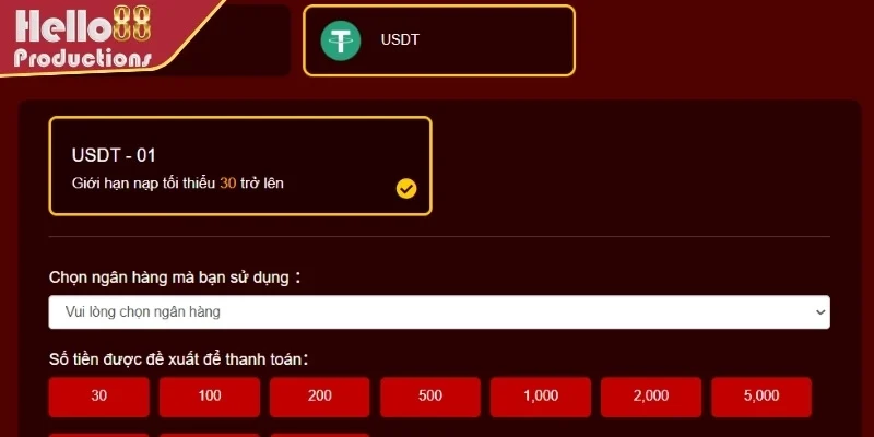 Thanh toán qua USDT tại Hello88